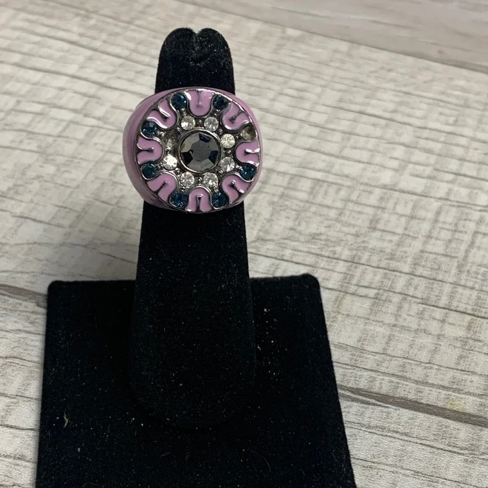 Vintage Purple Enamel Statement Ring Blue Clear Rhinestone Cocktail Dome Sz 5.5